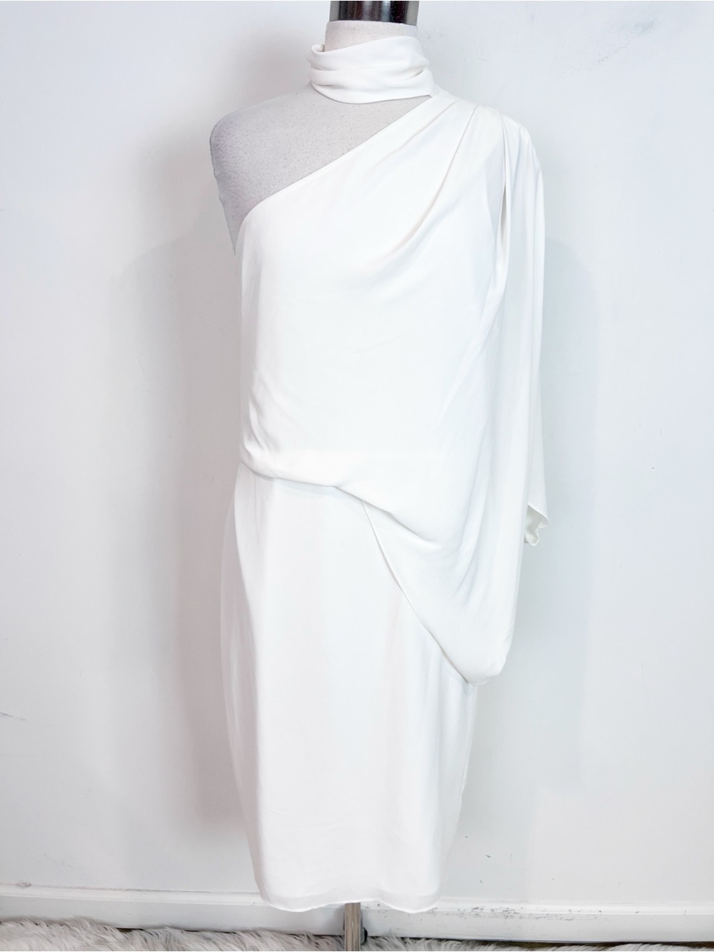 HALSTON OFF-WHITE ASYMETRIC DRAPED ONE SHOULDER DRESS WOMENS SZ 8 NWT